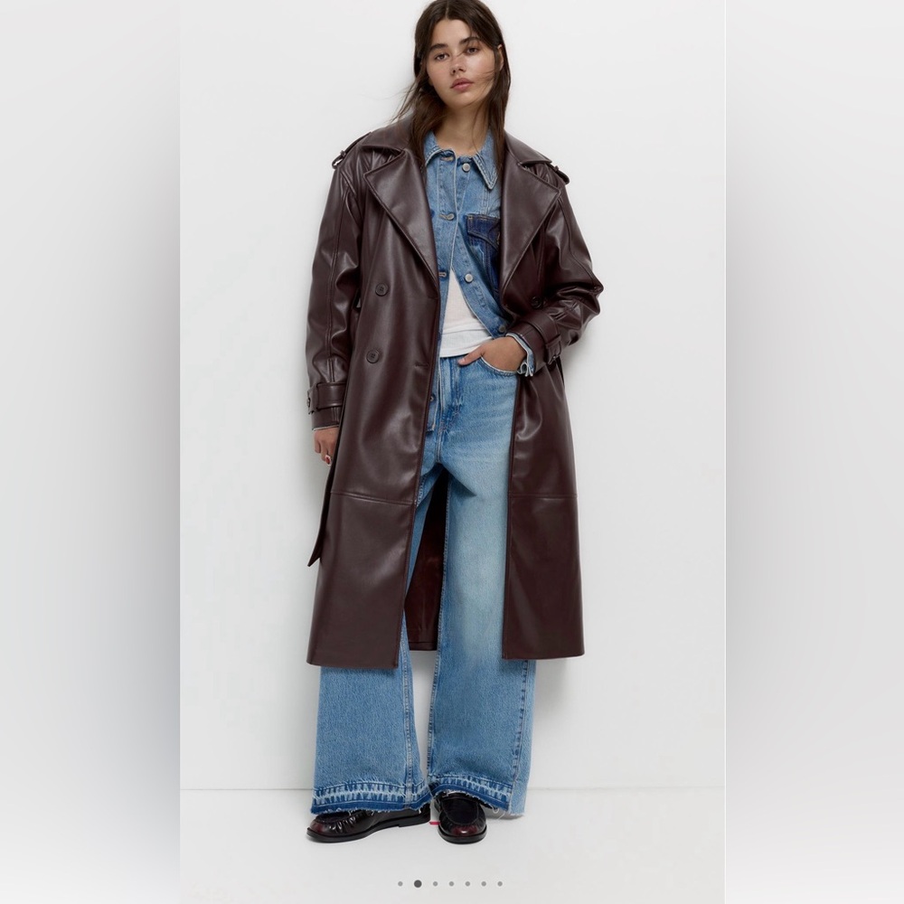 Pull&Bear Burgundy Faux Leather Trench Coat